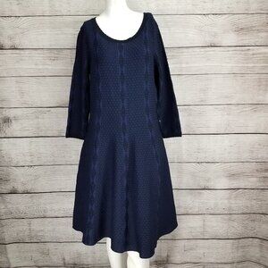 NEW Gabby Skye Size L Fit & Flare Knit Sweater Dress Navy Blue Geo Print $90